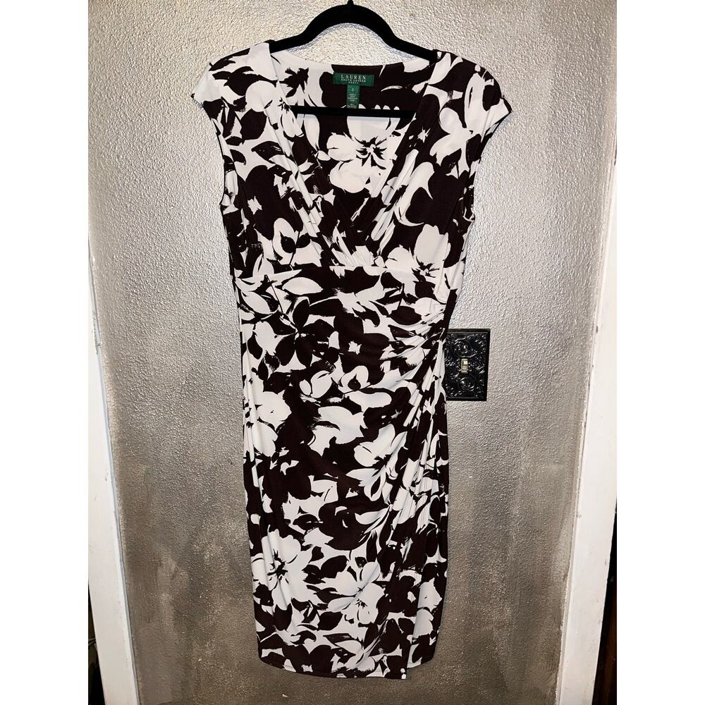 LRL Lauren Old Money Preppy Ralph Lauren Brown White Floral Faux Wrap Dress